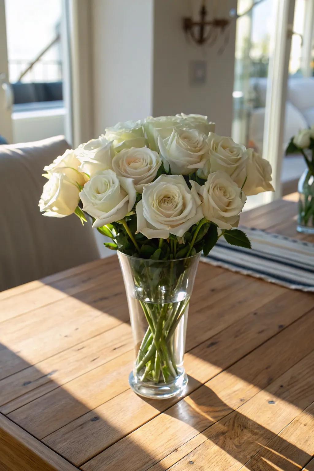 Sophisticated ivory roses in a see-through vase enhancing a dining setting.