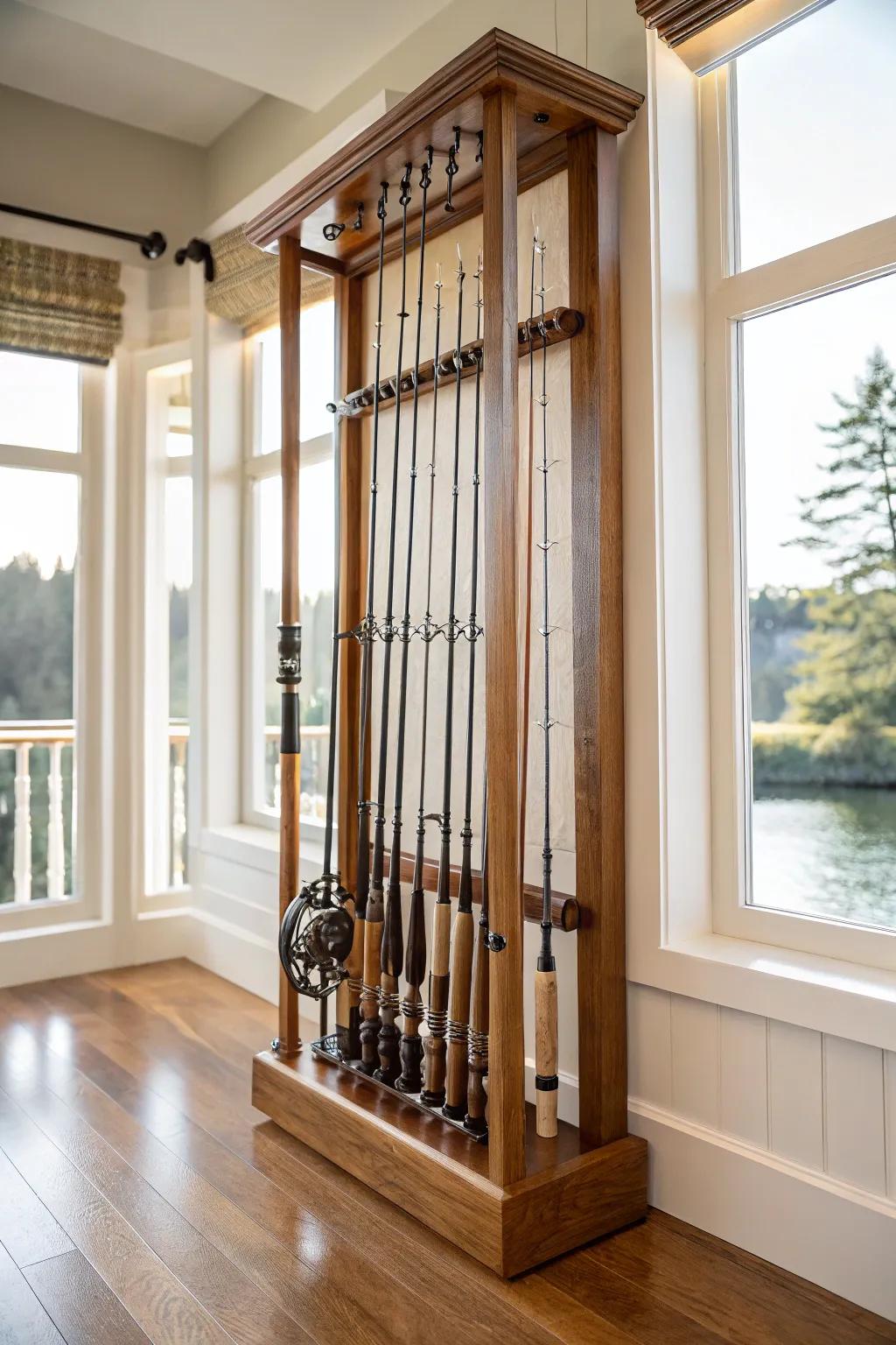 Vertical rod storage combines practicality with visual appeal.