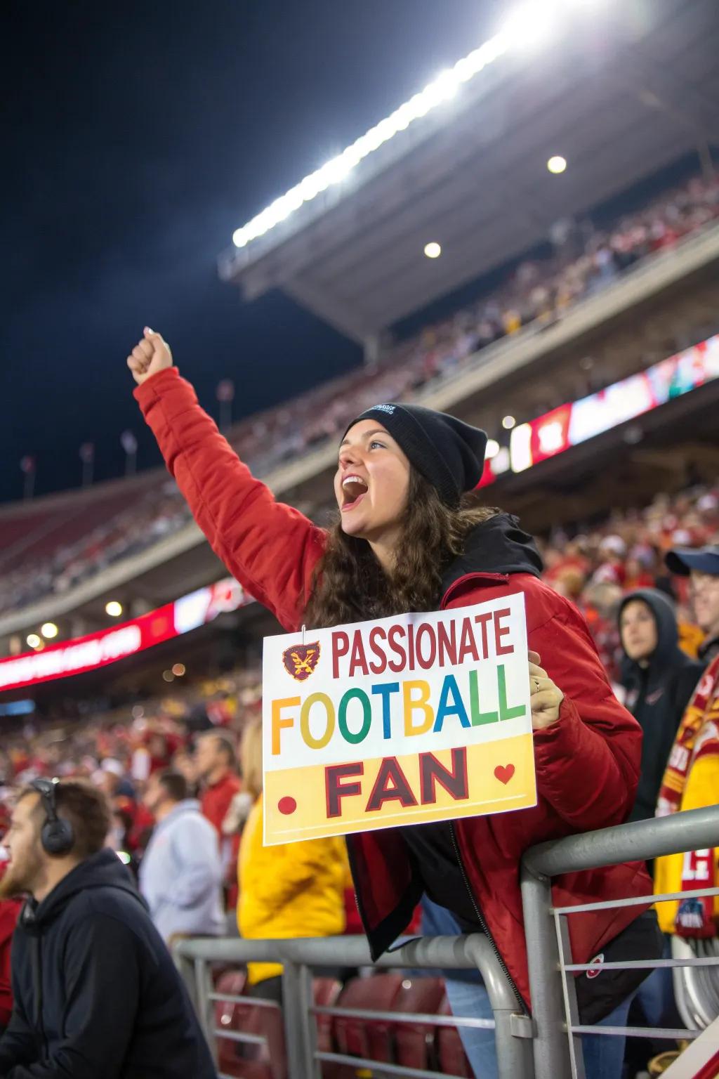 A fan shares a laugh with a witty sign.
