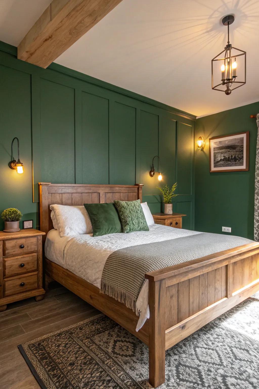 A woodland green feature wall enriches the bedroom with depth and visual appeal.