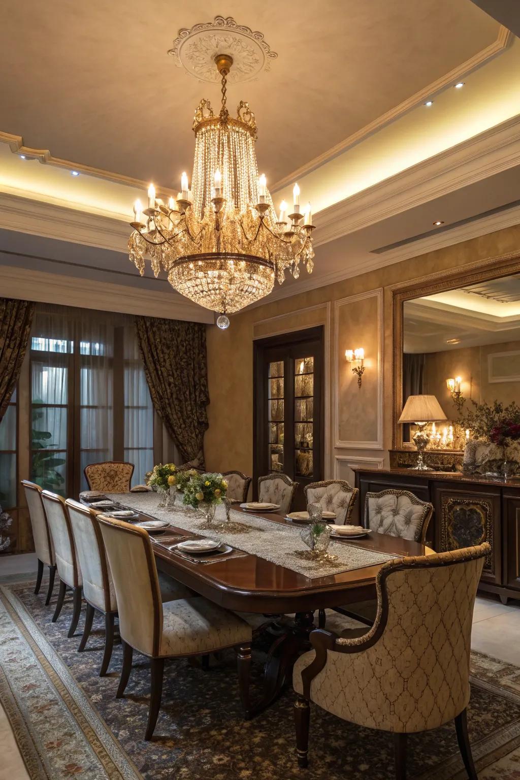 An impressive light fixture introduces sophistication and light into your dining setting.