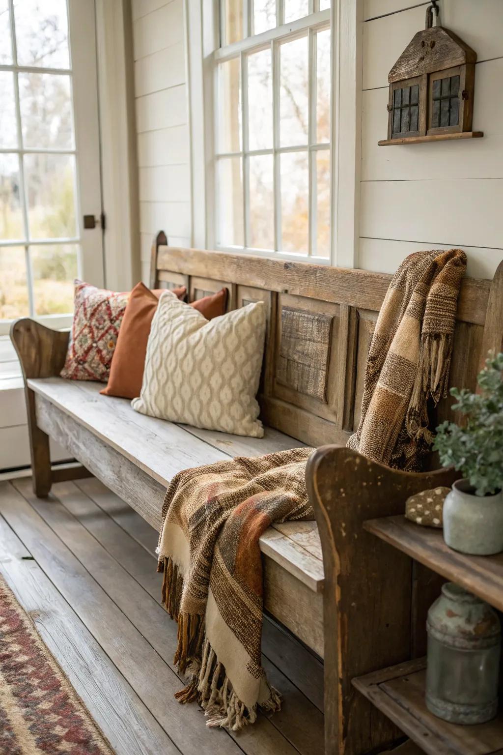 A country wooden seat brings a touch of coziness and practicality.