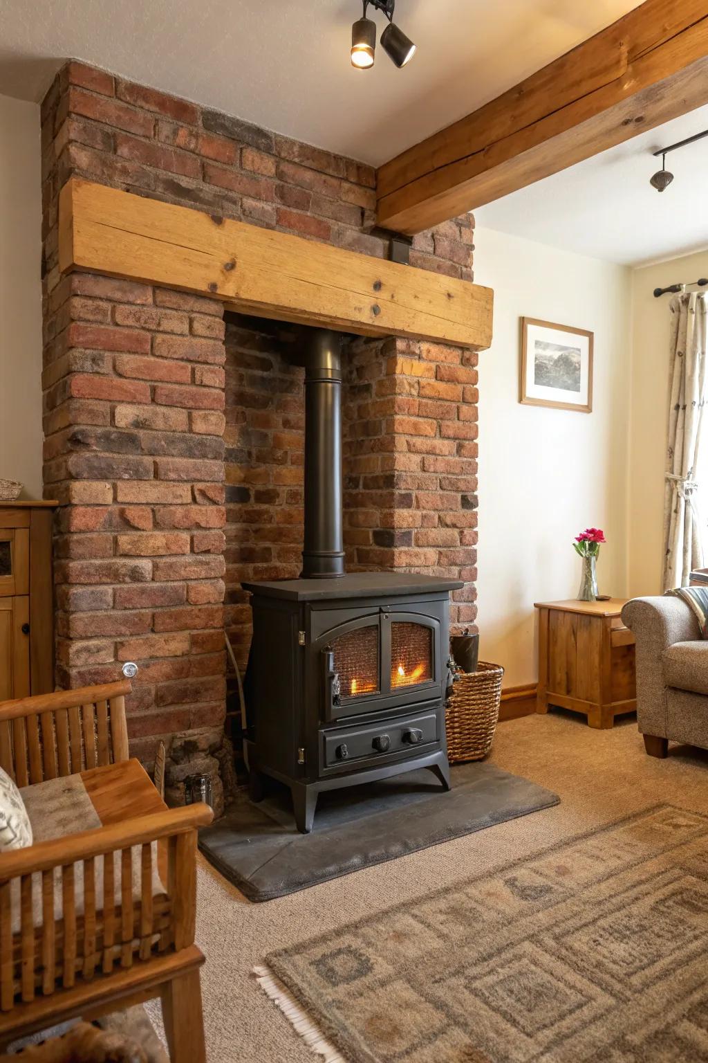 The rustic beauty of a firewood heater is enhanced by a brick background.