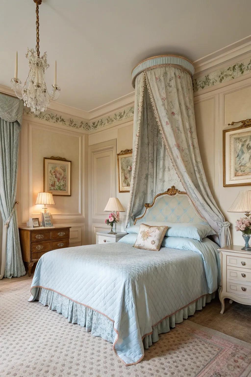 A serene French bedroom showcases a soft color palette.