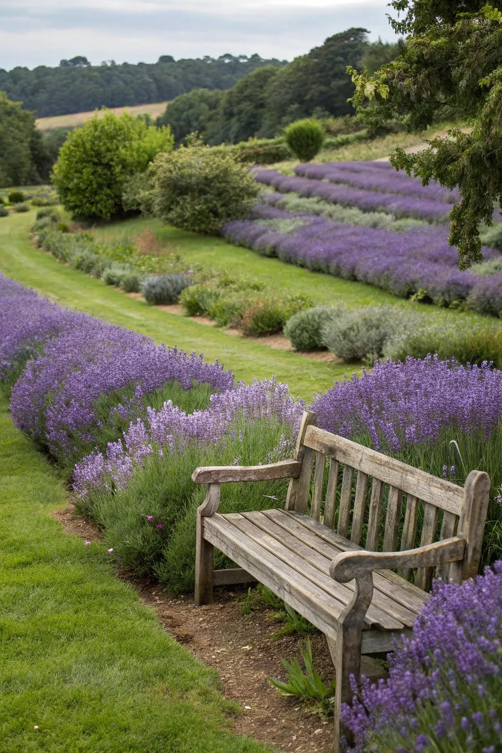 A quaint nook adorned with rows of lavender, ideal for a serene hideaway.