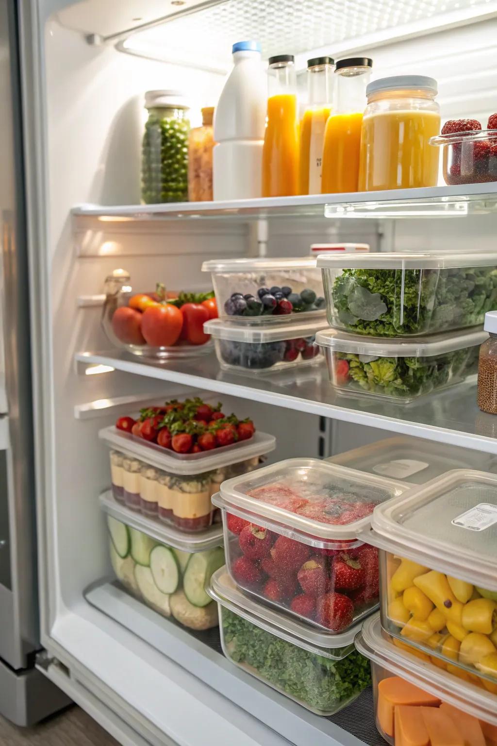 See-through bins arranged perfectly on refrigerator shelves.