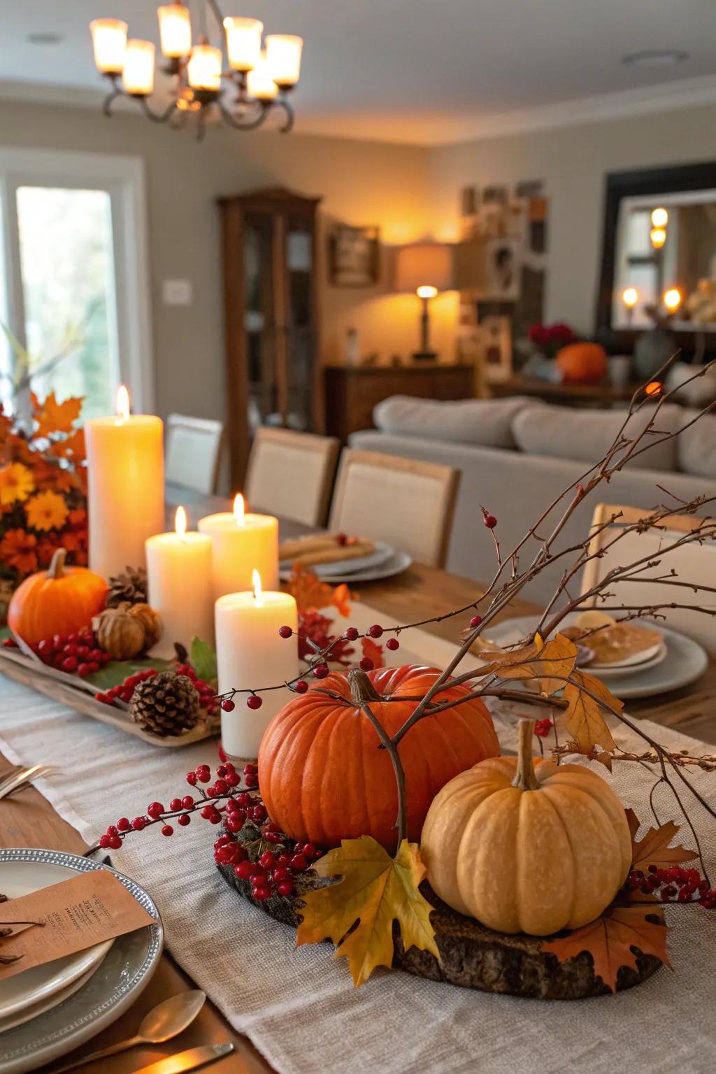 An intimate Friendsgiving tablescape showcasing gourds and candles.