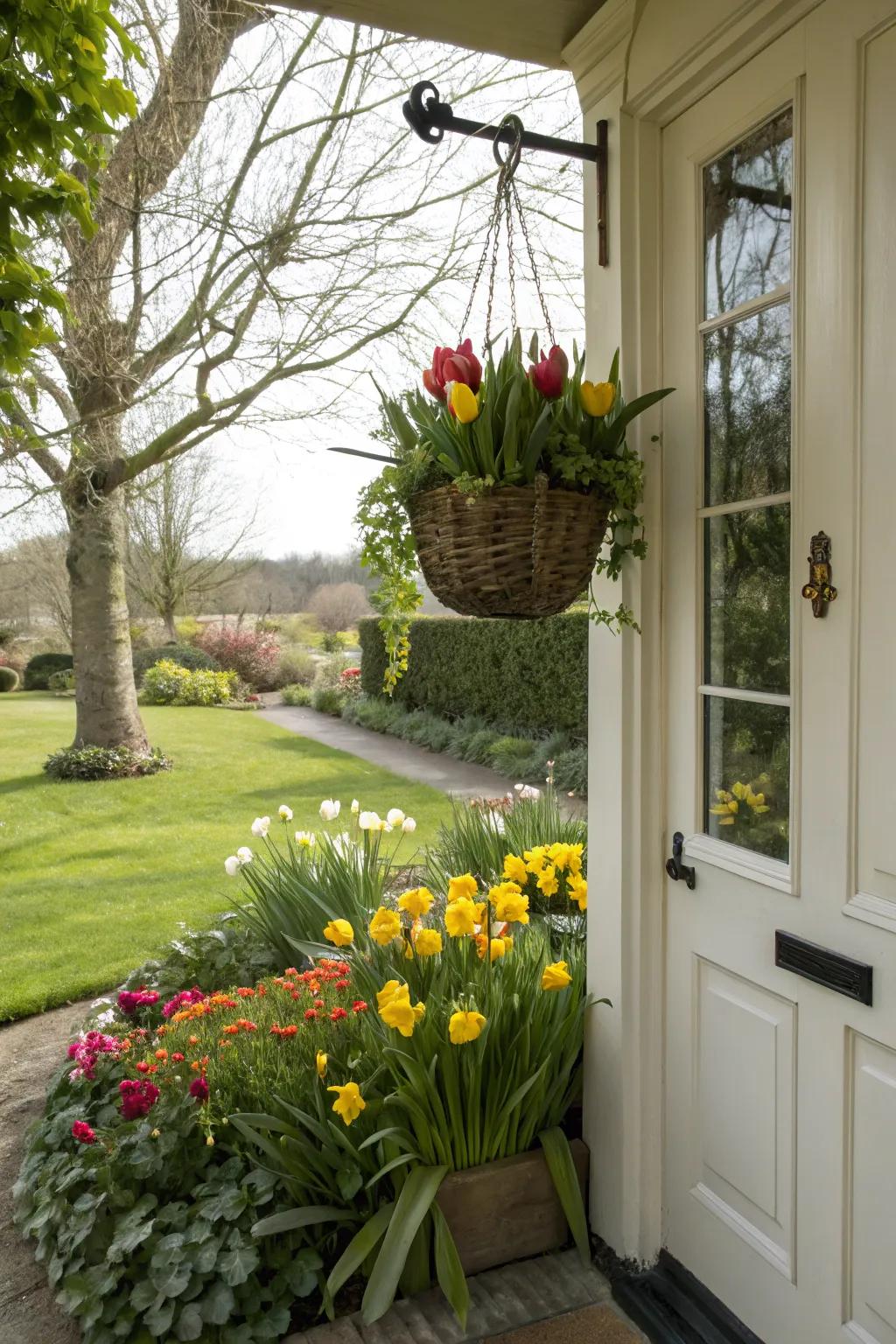 Spring tulips and daffodils add a burst of life and color to your front door.