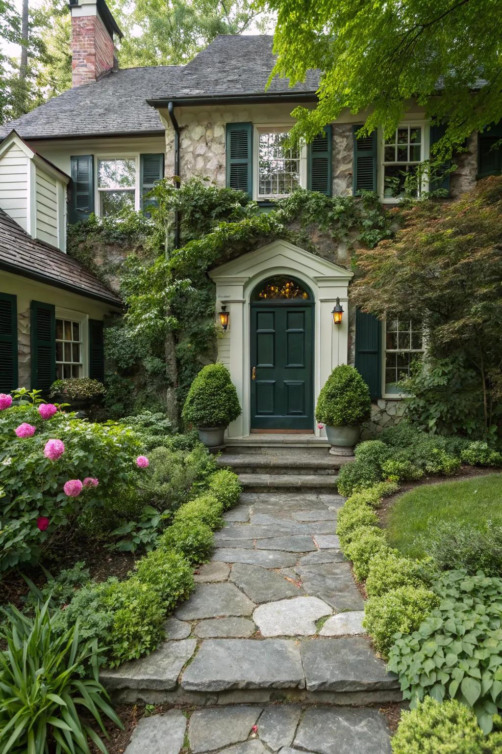 A deep green door fits perfectly into a natural setting.
