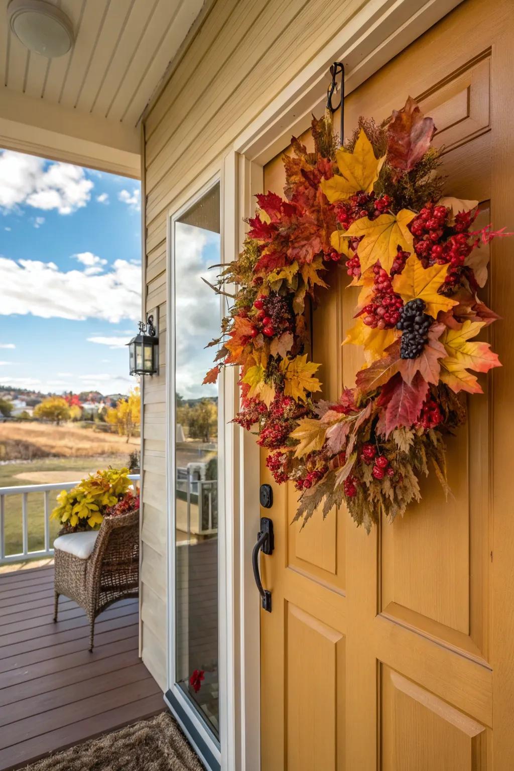 A seasonal door ring composed of autumnal leaves and berries.