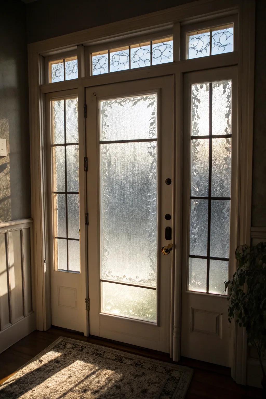A front door showcasing frosted glass panels, guaranteeing privacy.