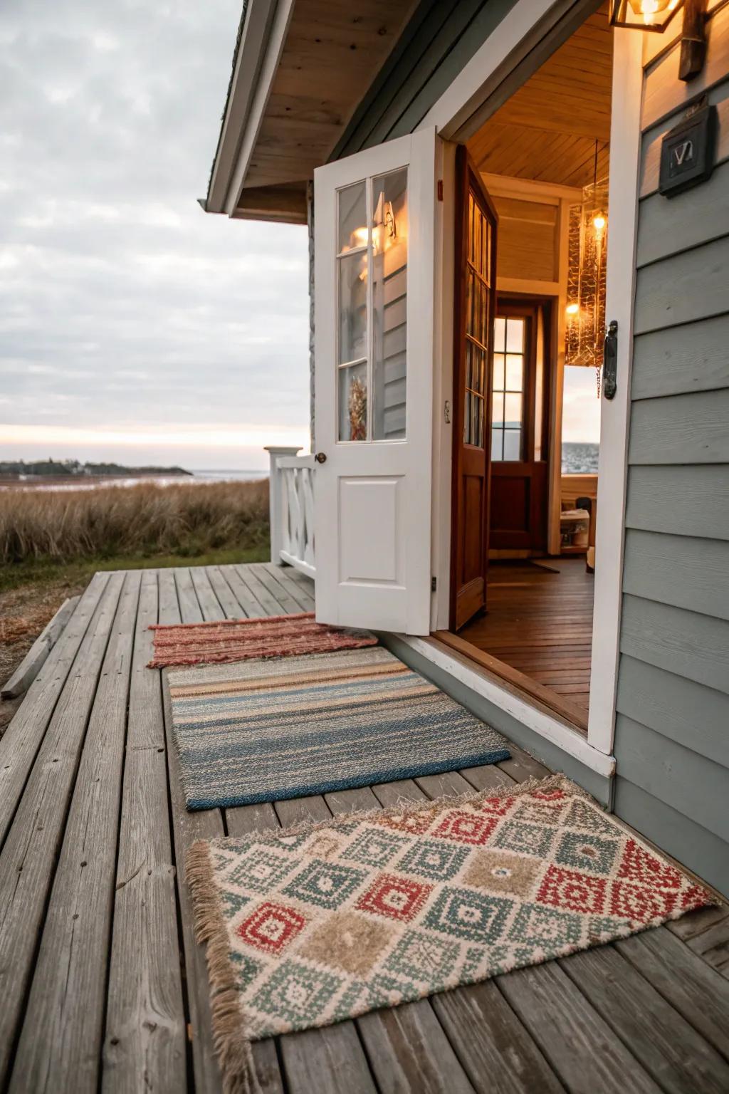 Layering rugs introduces captivating depth and visual allure right at your doorstep.