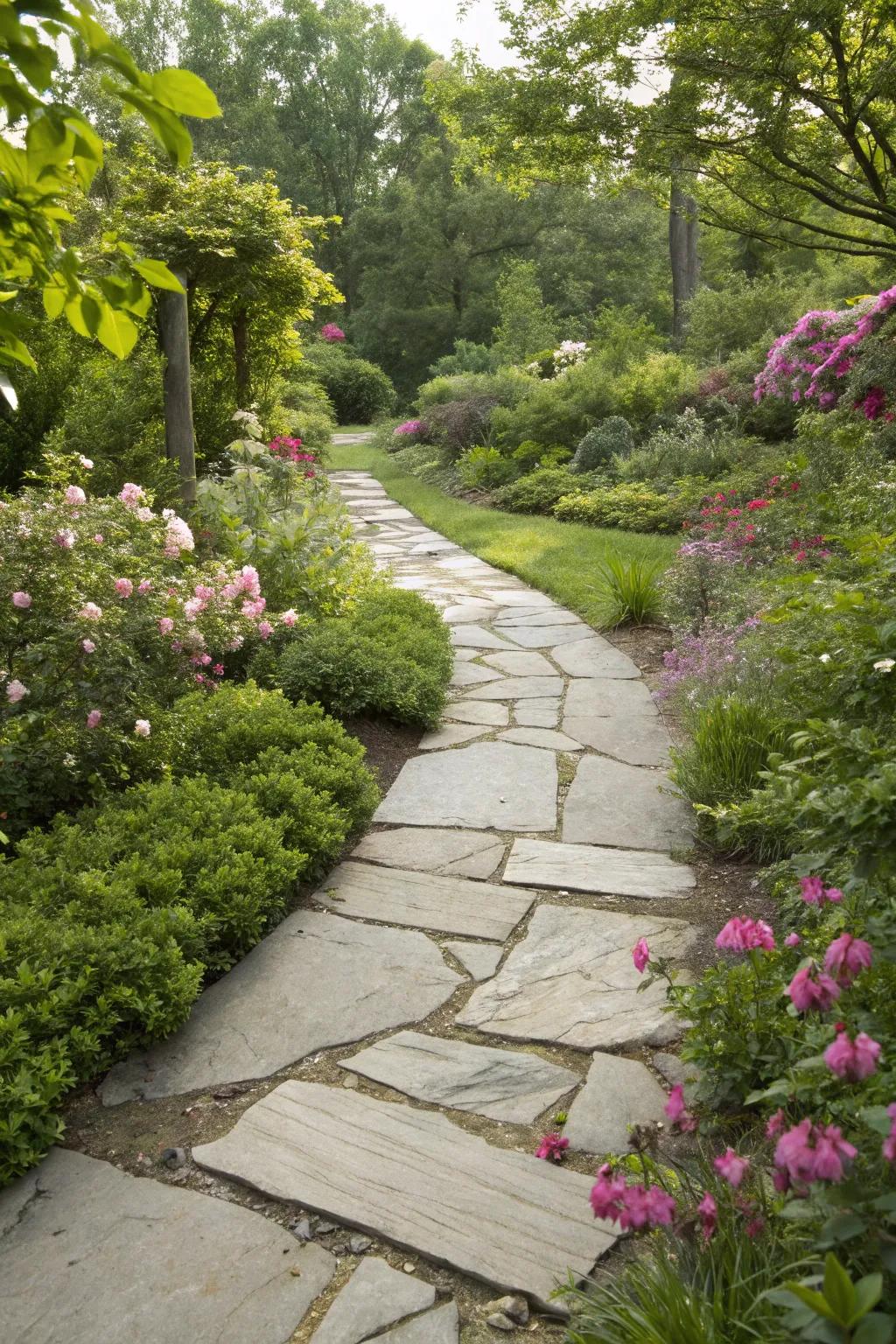 A rustic walkway crafted from natural stone, surrounded by lush greenery.