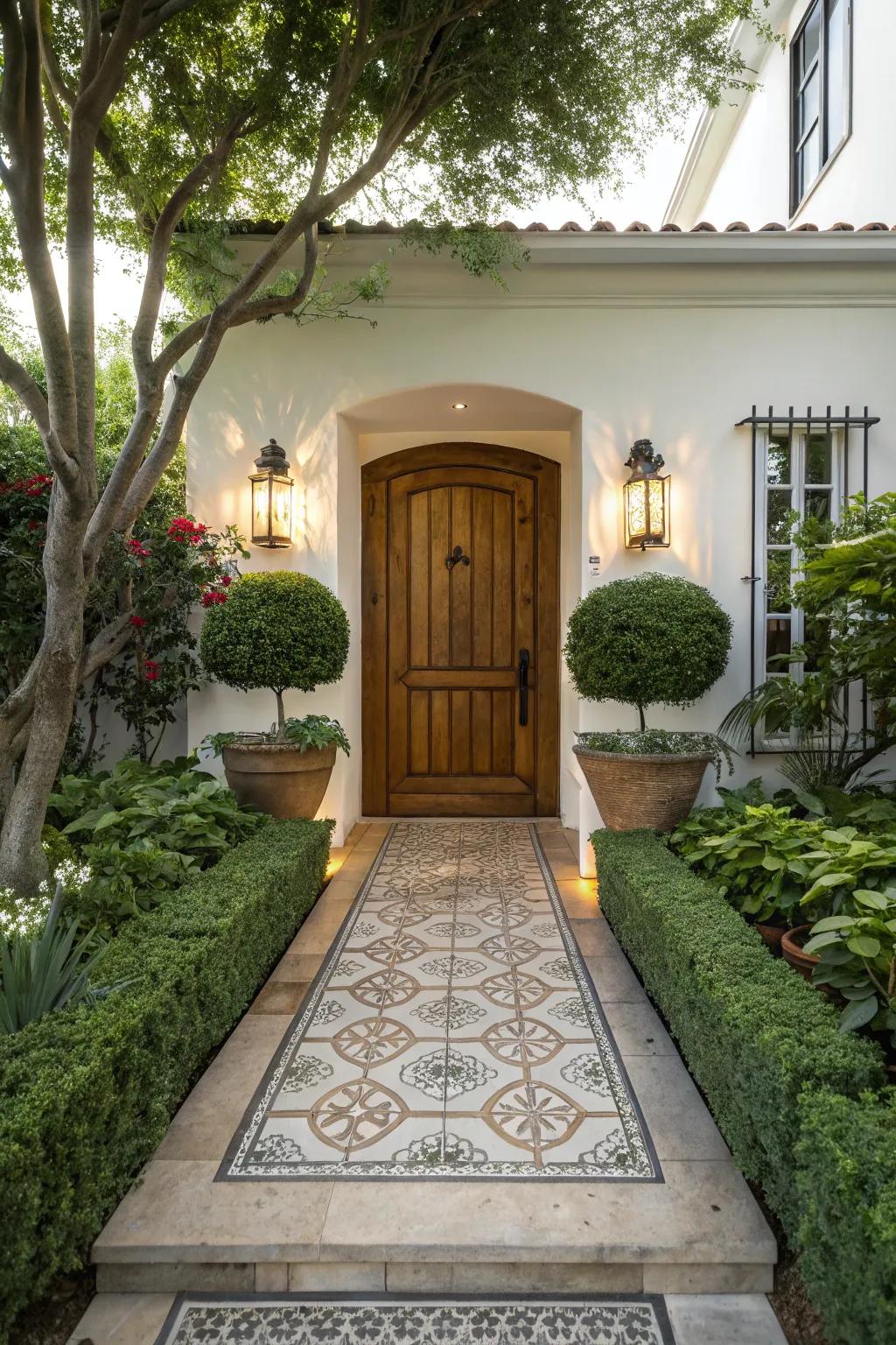 A welcoming entrance boasting potted plants and an enchanting walkway