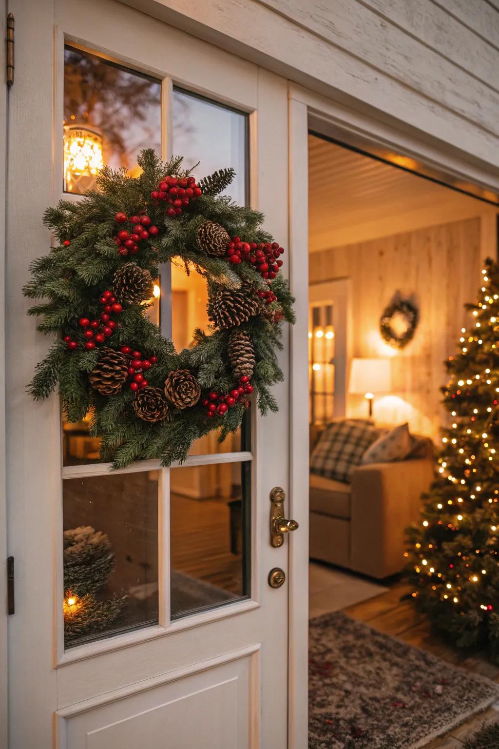 A festive wreath brings a delightful touch of Christmas spirit to your front door.