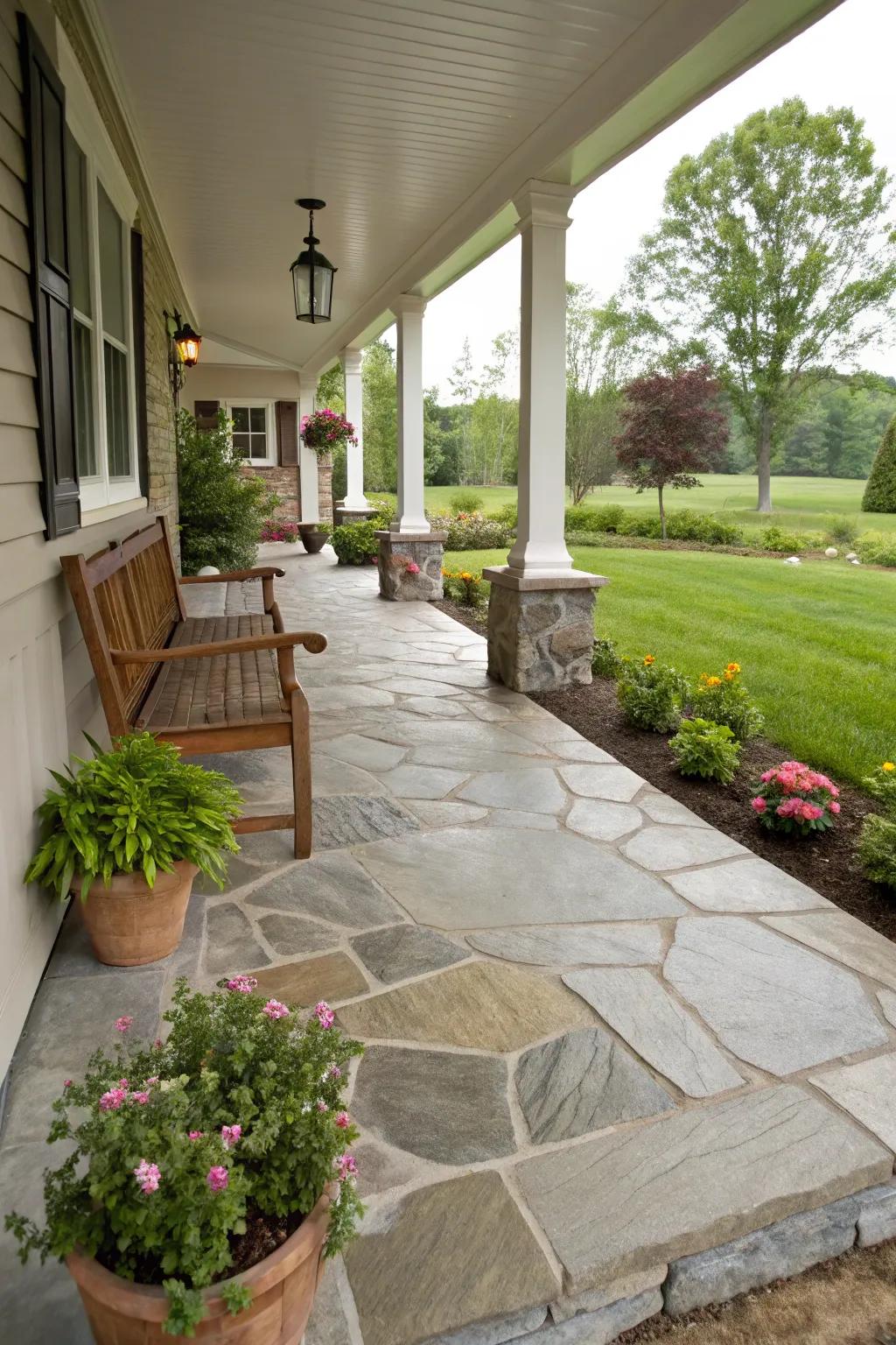 The fusion of sophistication and resilience offered by natural stone is ideal for any porch.