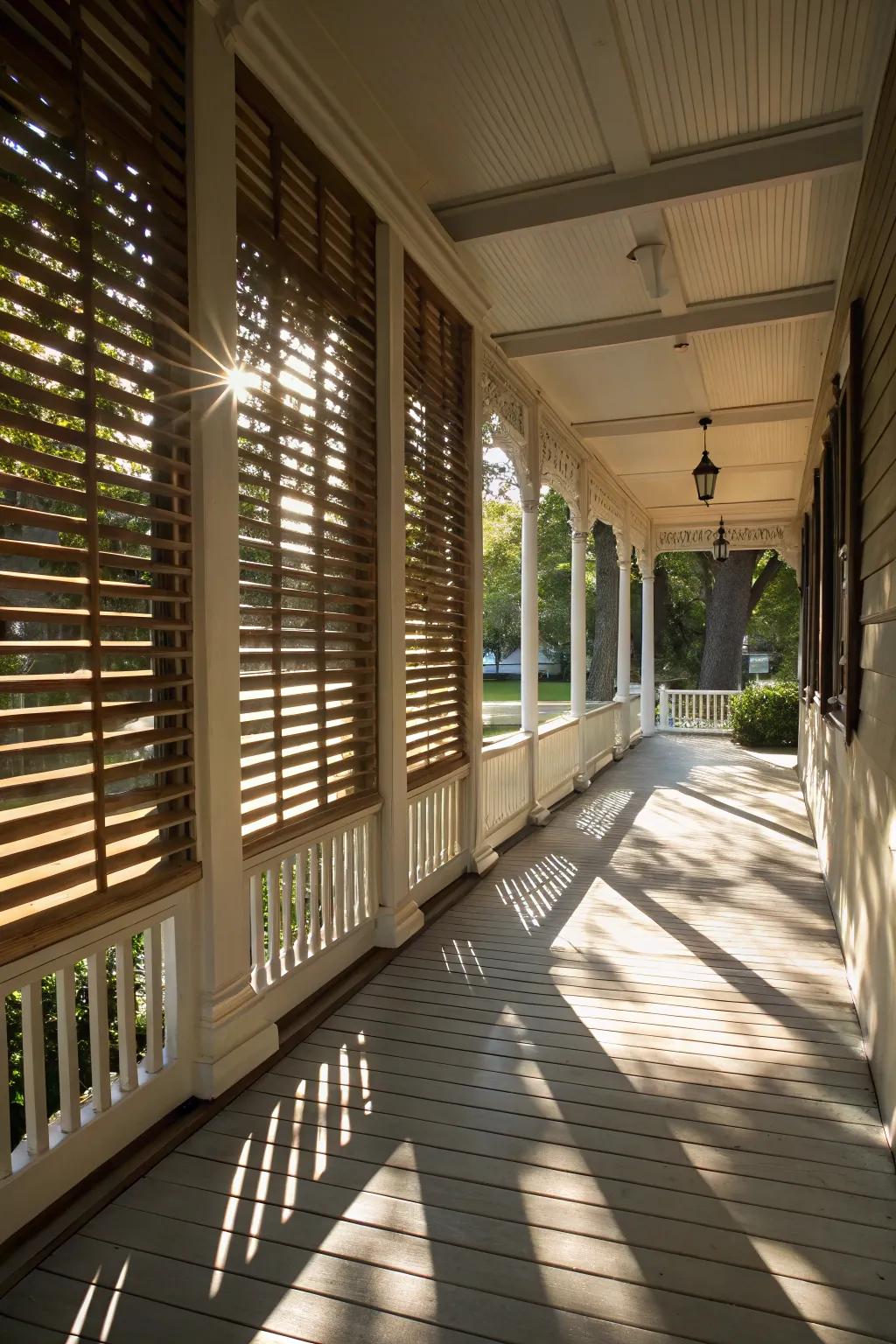 Refined wooden slat screens offering partial privacy and visual interest.
