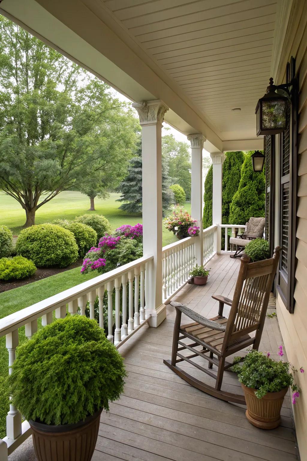 Timeless wooden railings contribute warmth and charm to any entrance.