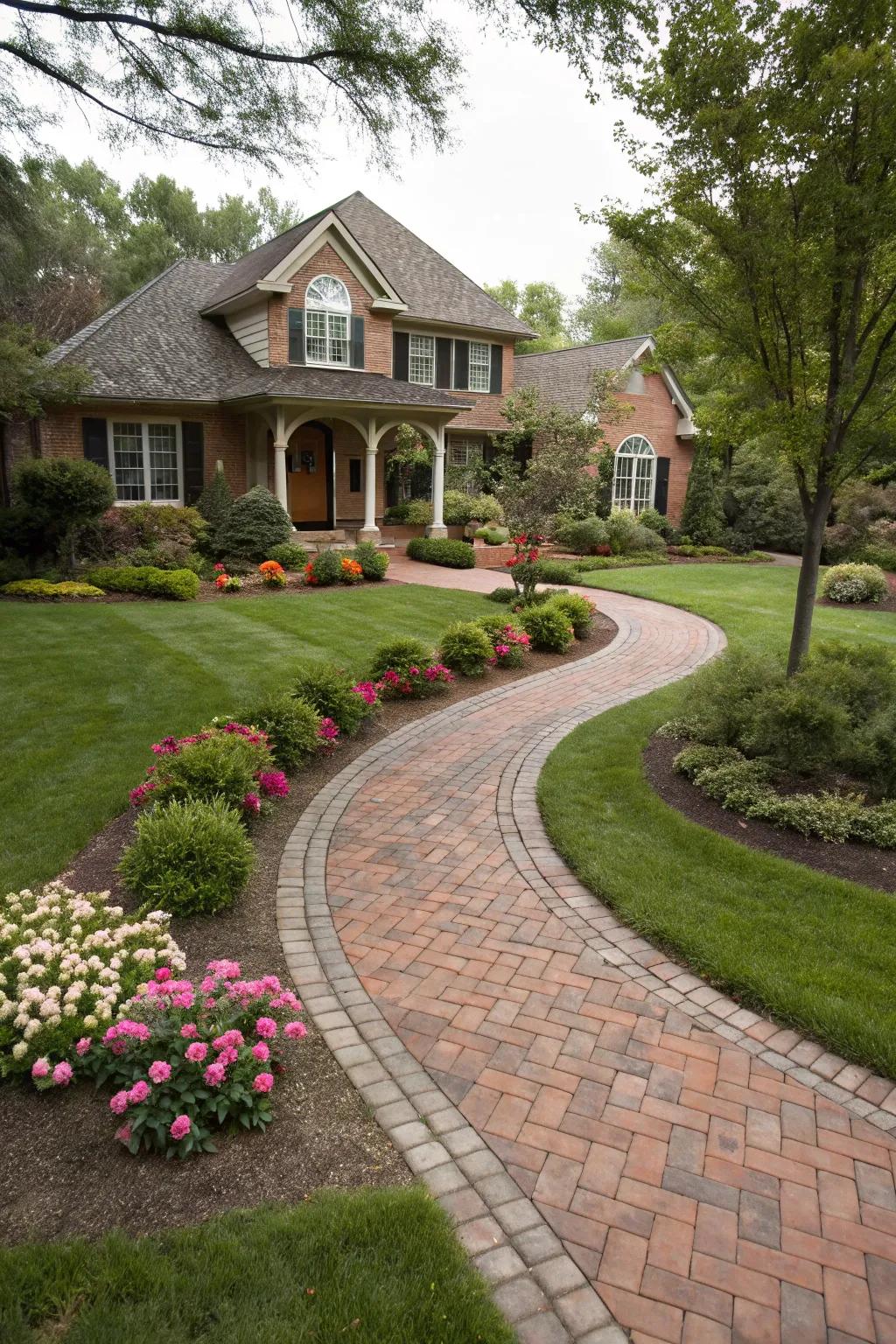An endearing brick path winds gracefully through a vibrant front garden.