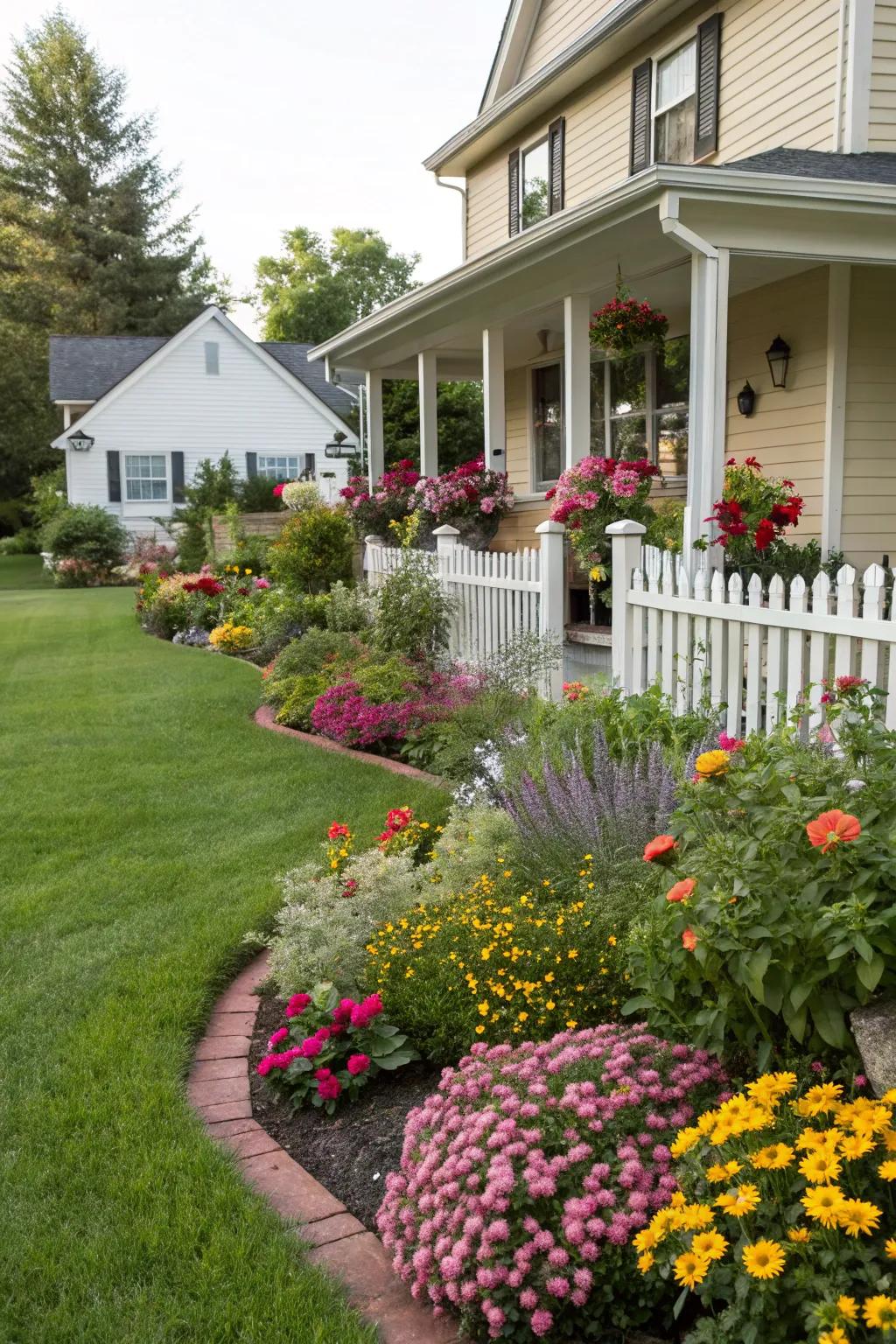 A lively mix of blooms can infuse charm and color into any front yard.