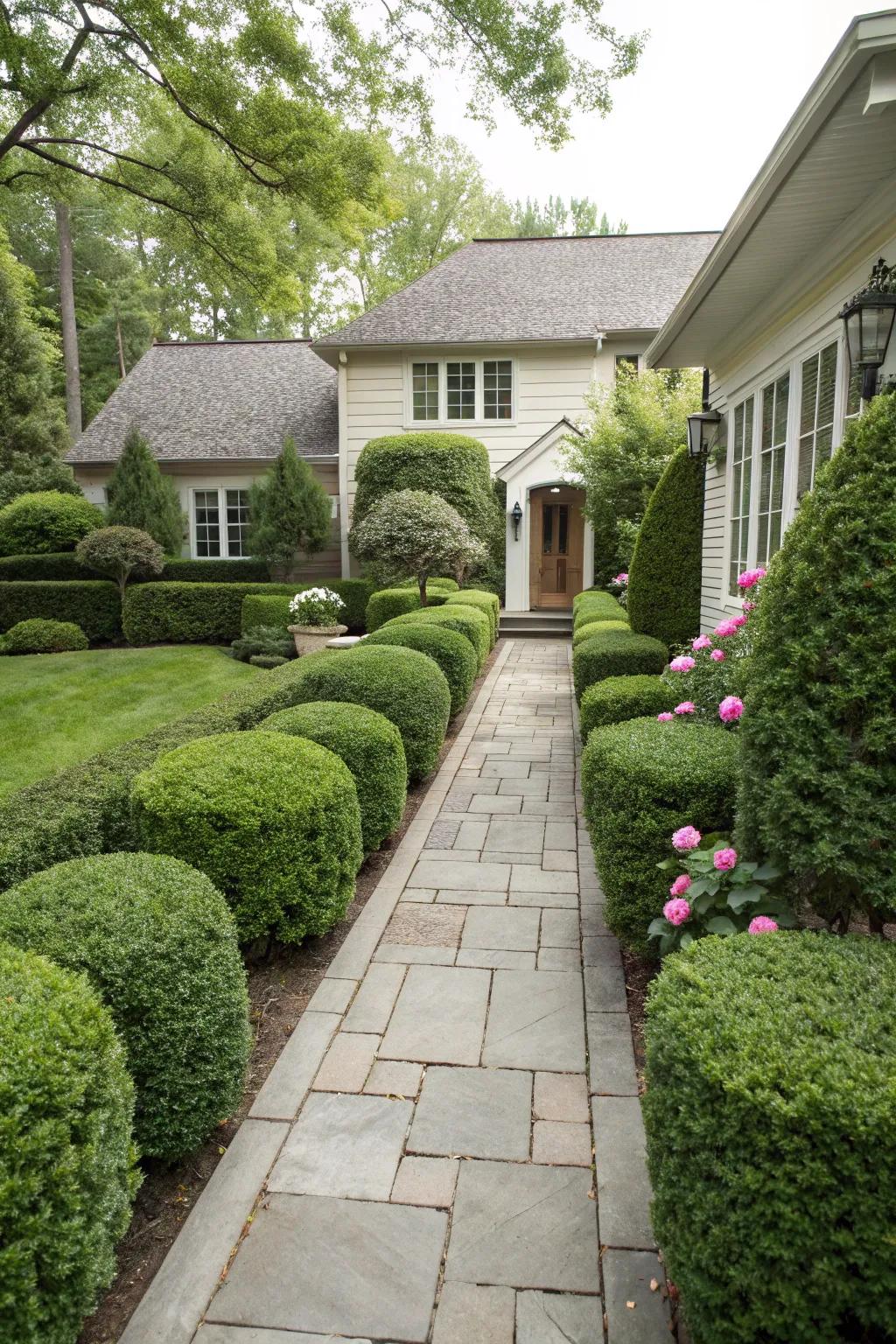Precisely trimmed boxwood hedges lend structure to this front garden.