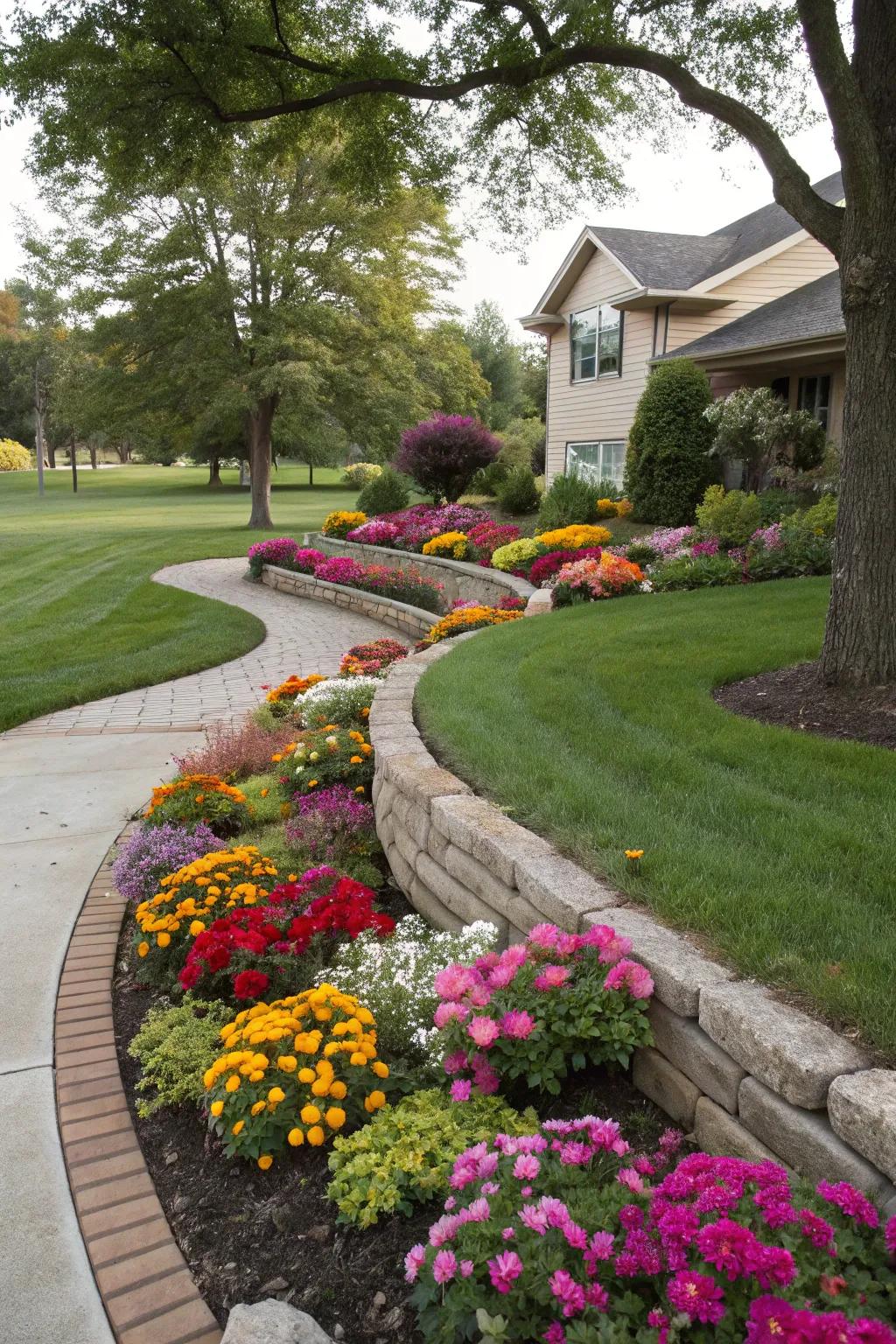 Curved flower beds bring a natural flow to this vibrant front yard.
