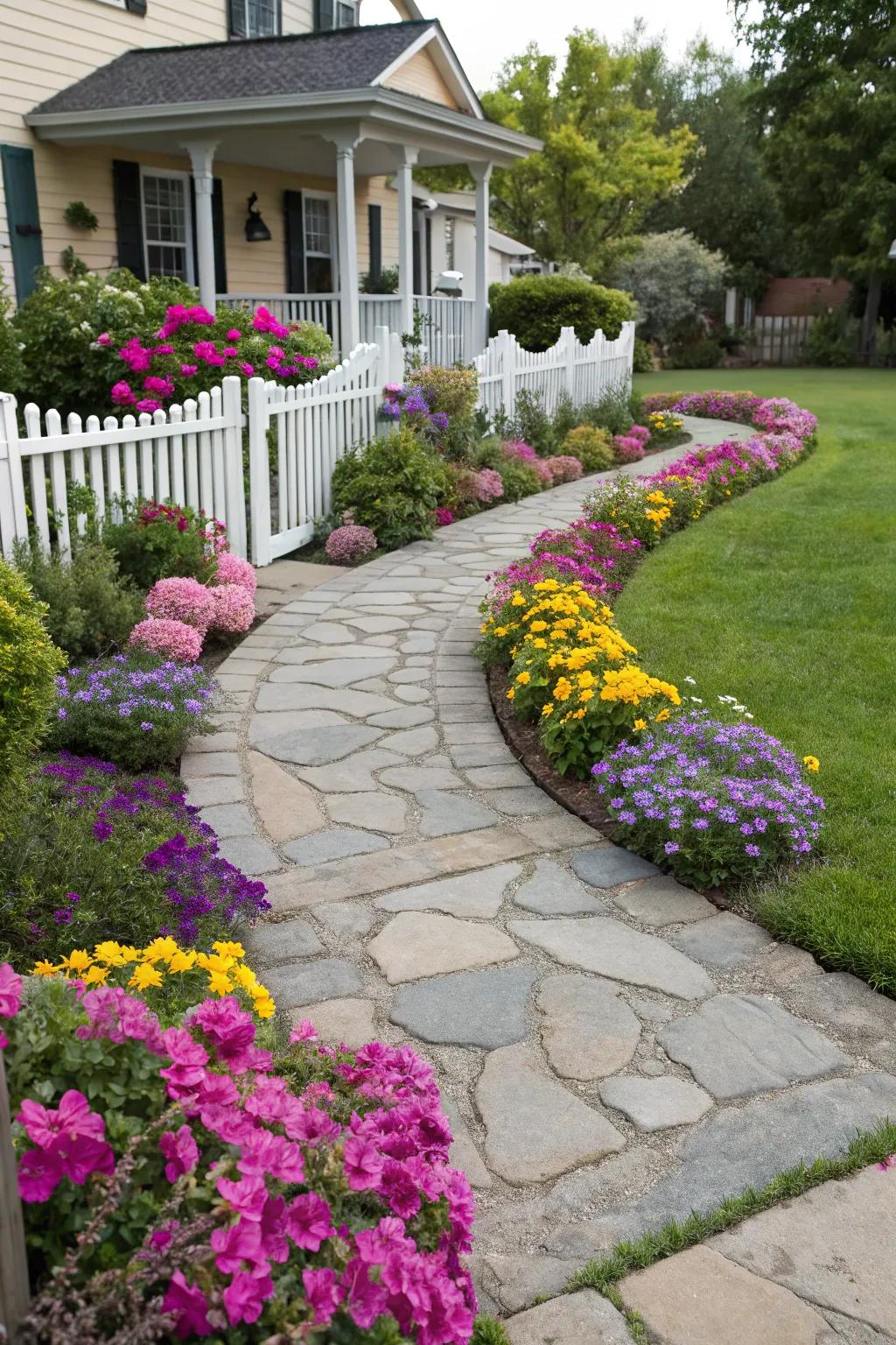 Stone walkways wonderfully separate and characterize your flower beds.