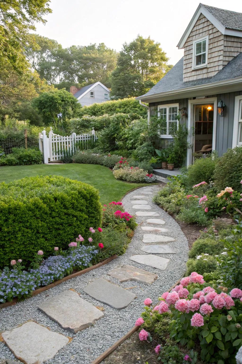 Delightful gravel walkways meander through a vibrant garden setting.