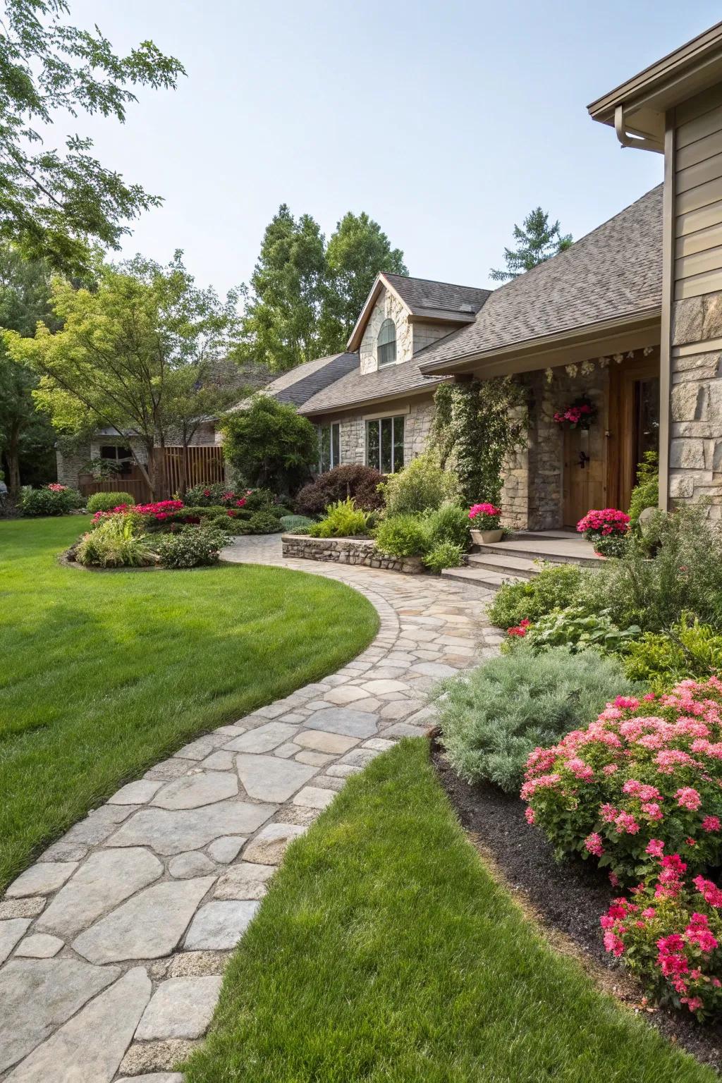 A vibrant green lawn lays the groundwork for an exquisite front yard aesthetic.