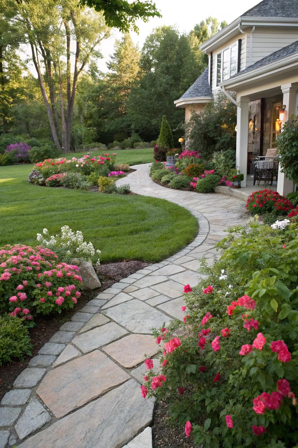 A delightful stone pathway meanders through a vibrant front garden.