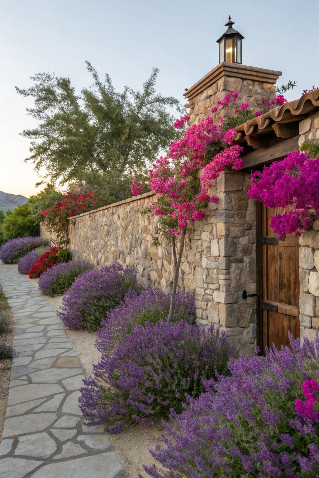 Bright bougainvillea and lavender give touches of color to this Mediterranean garden.