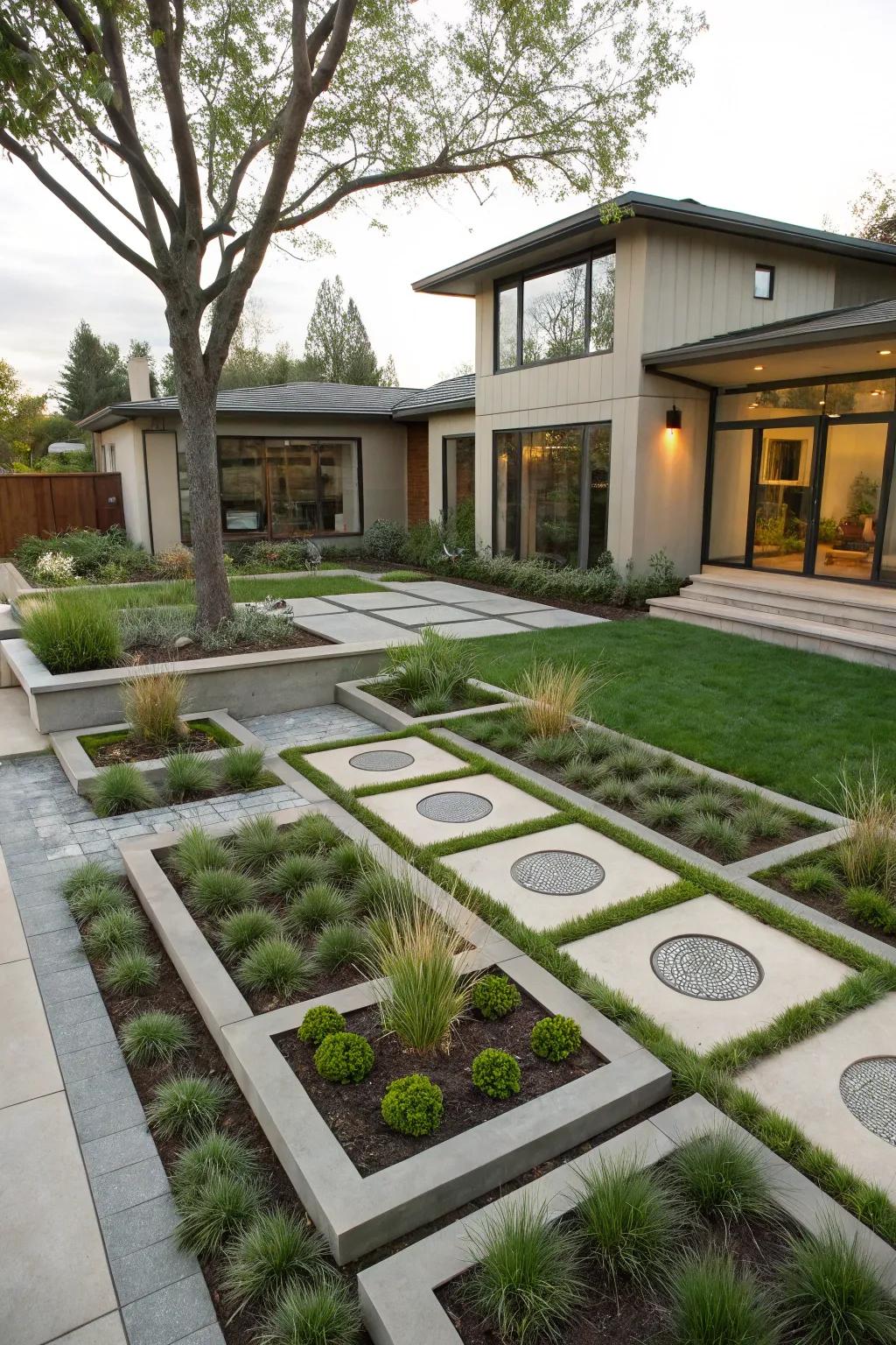 Geometric garden plots fashion a structured and contemporary front yard aesthetic.