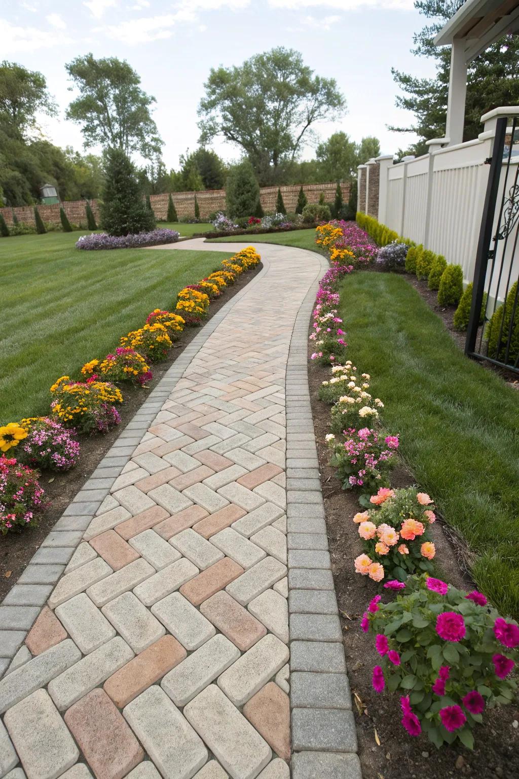 Classic herringbone paver pathways never go out of style.