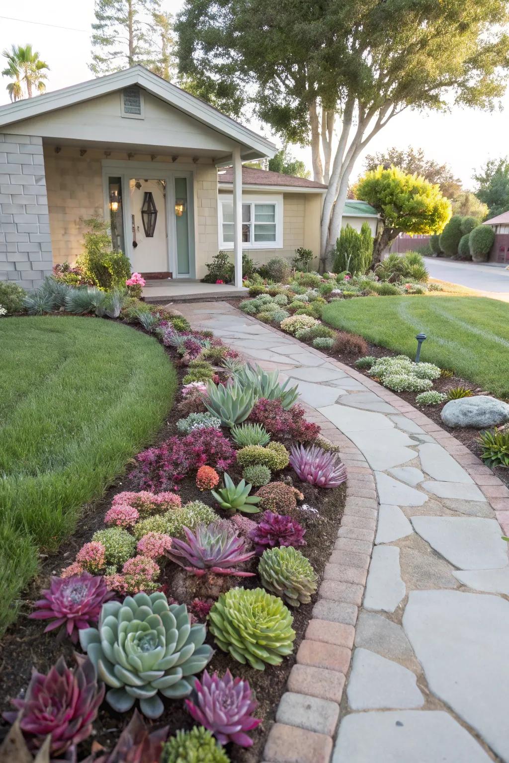 A succulent-lined path offers a gracious welcome.