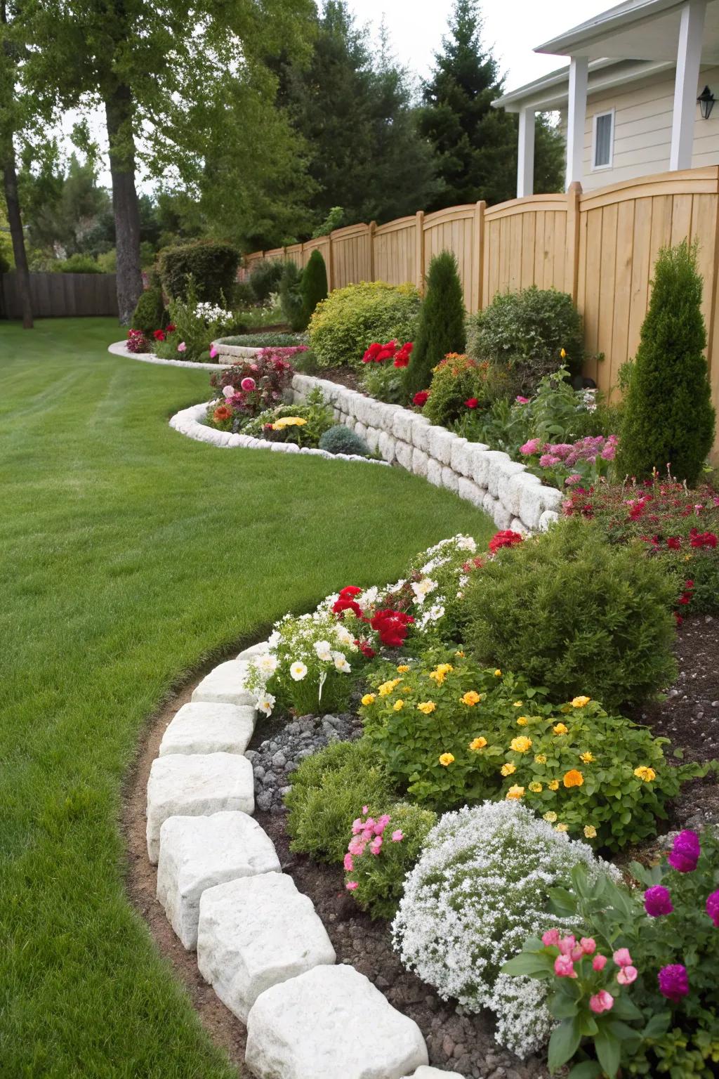 Alabaster rock borders introduce a striking juxtaposition versus lively flower beds.