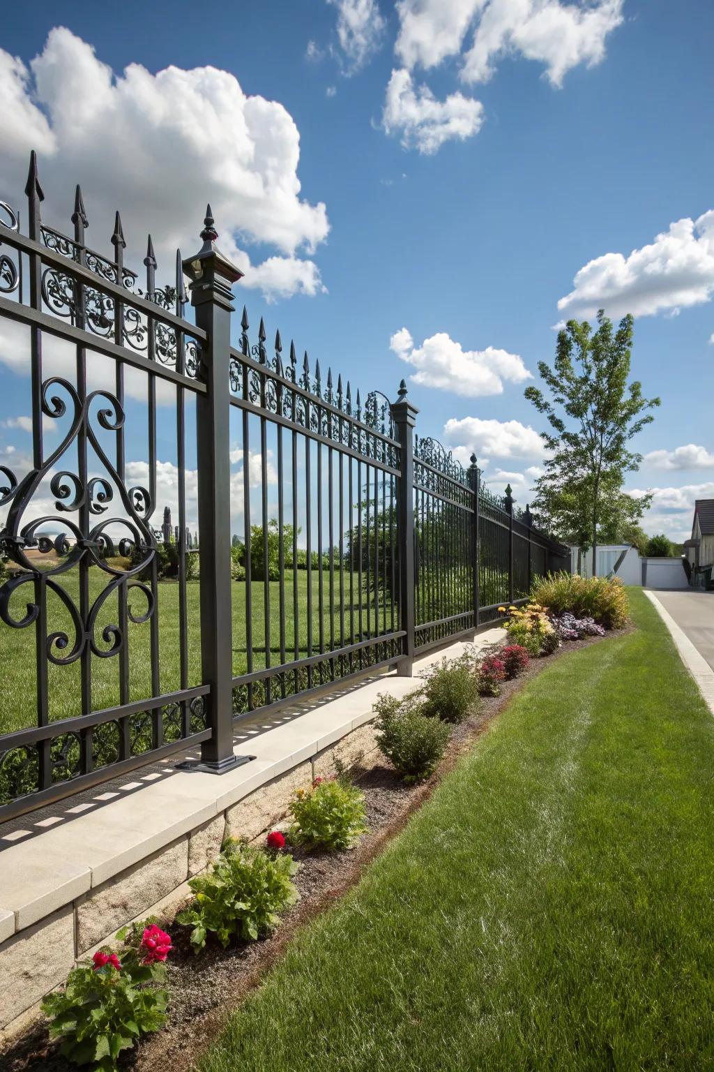 A classic decorative metal barrier with elaborate scrollwork set against a clear blue sky.