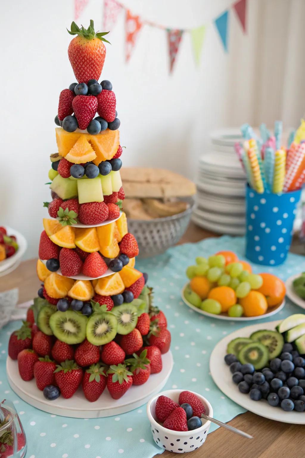 A stunning rainbow fruit skyscraper that brings height and vibrancy to any occasion.