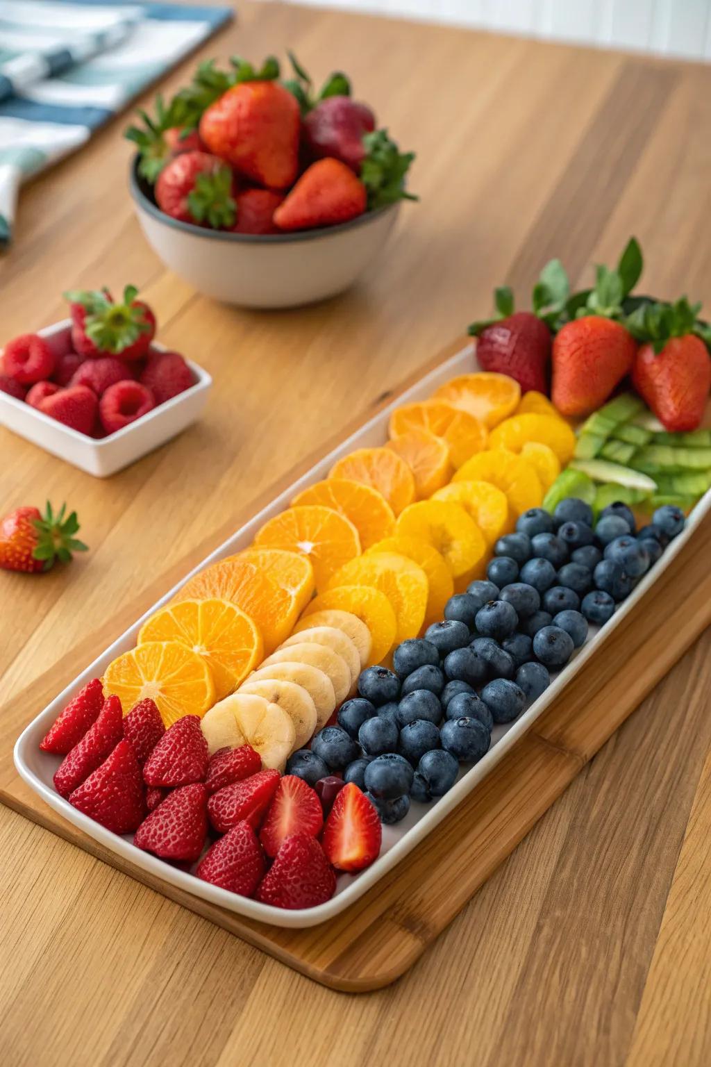 A meticulously organized array of fruit that mirrors the beauty of a vibrant rainbow.