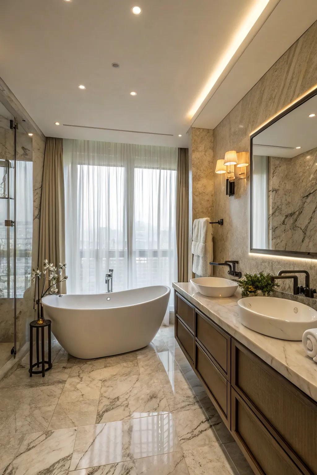 A standalone tub beautifully anchors this stylish bathroom.