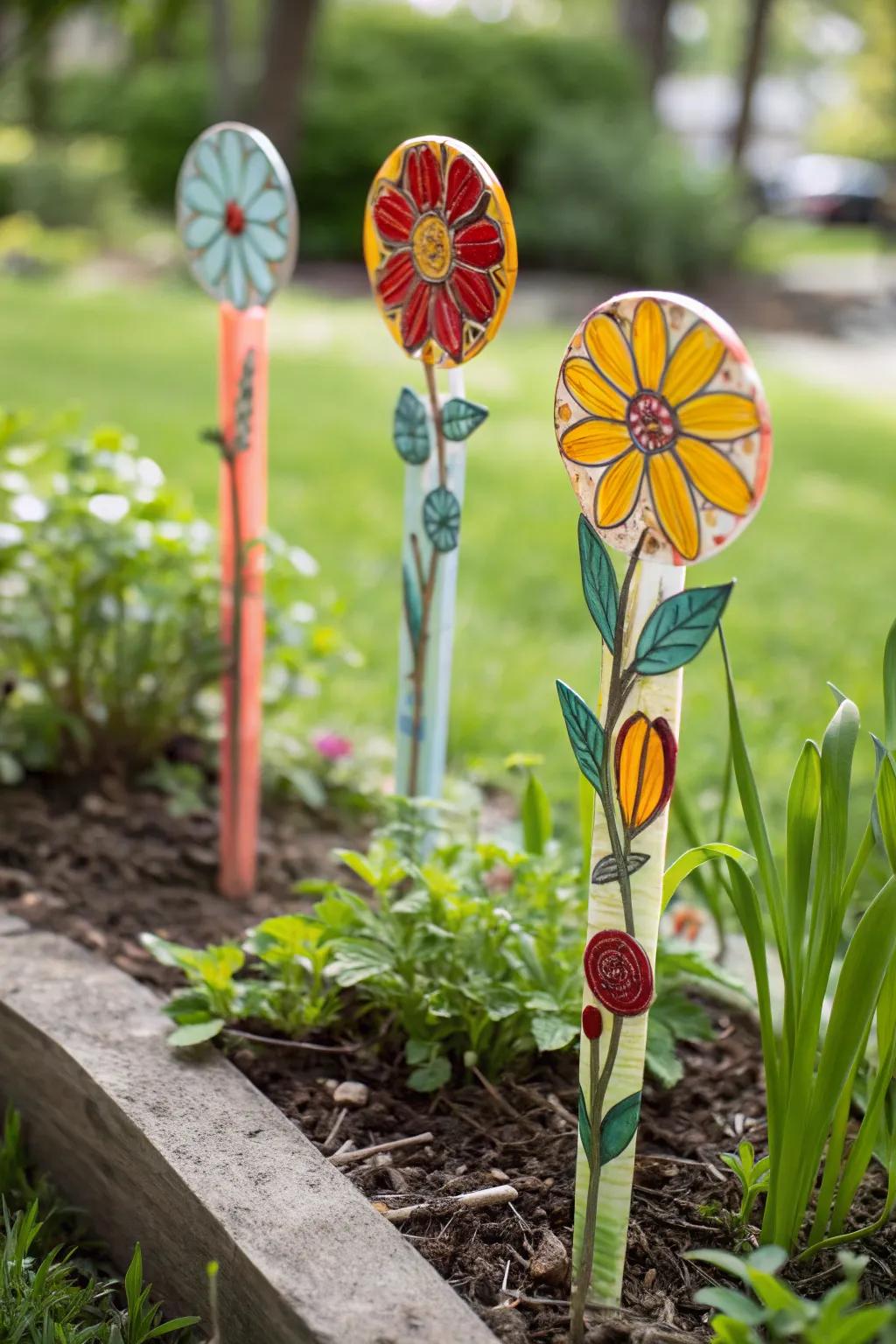 Floral fused glass stakes bring a touch of sunshine to the garden.