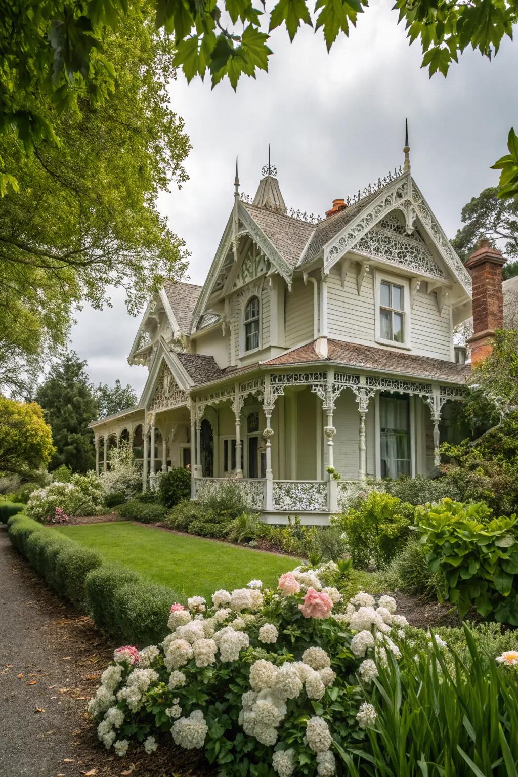 Victorian-inspired gable decorations give a sense of historic charm.