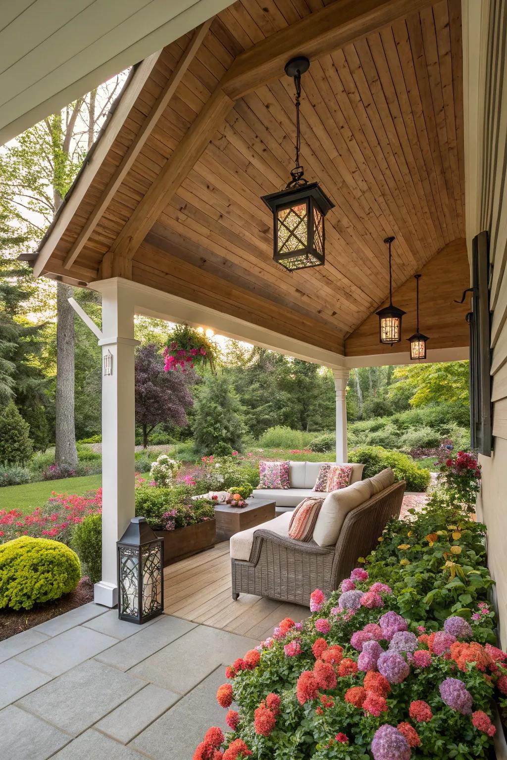 A wooden gable roof porch exuding timeless elegance and warmth.