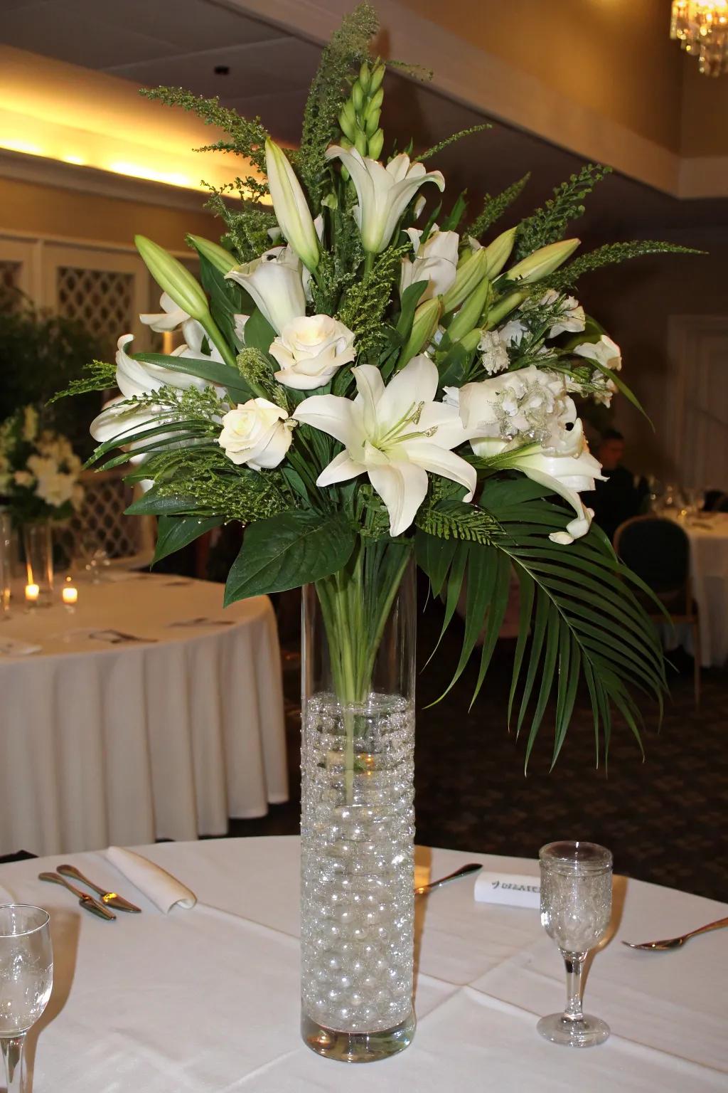 A classic floral display showcasing elevated white lilies and abundant verdure.