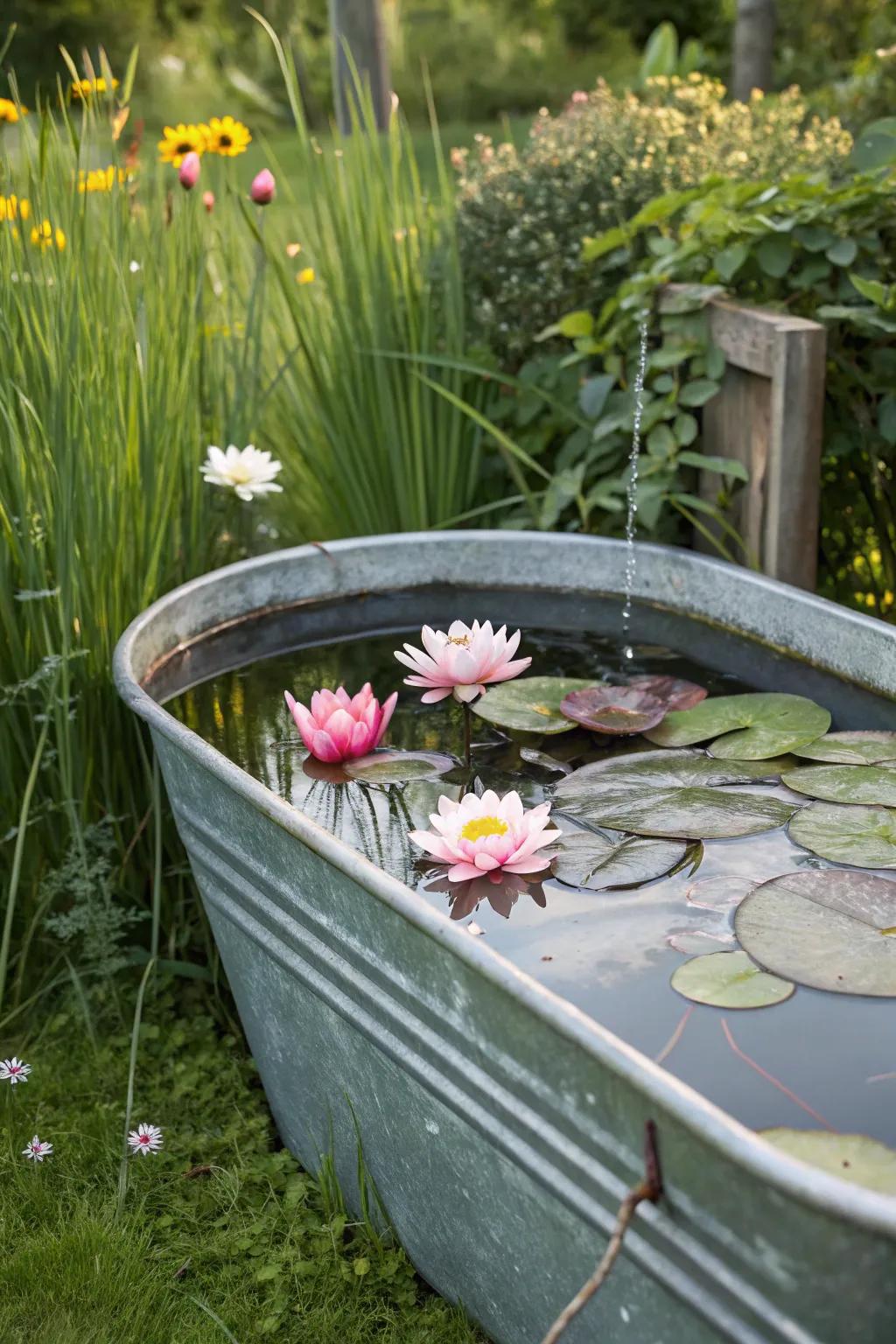 An exquisite elevated floral display showcasing waterside plants nestled within a metallic basin.