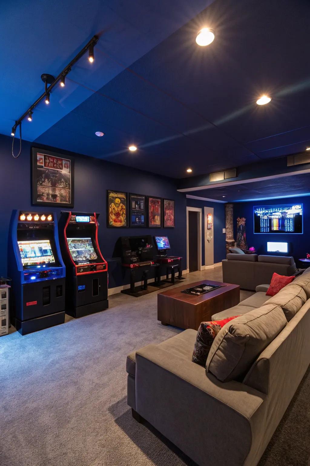 Walls in a serene azure shade enhance focus and create an immersive gaming experience.