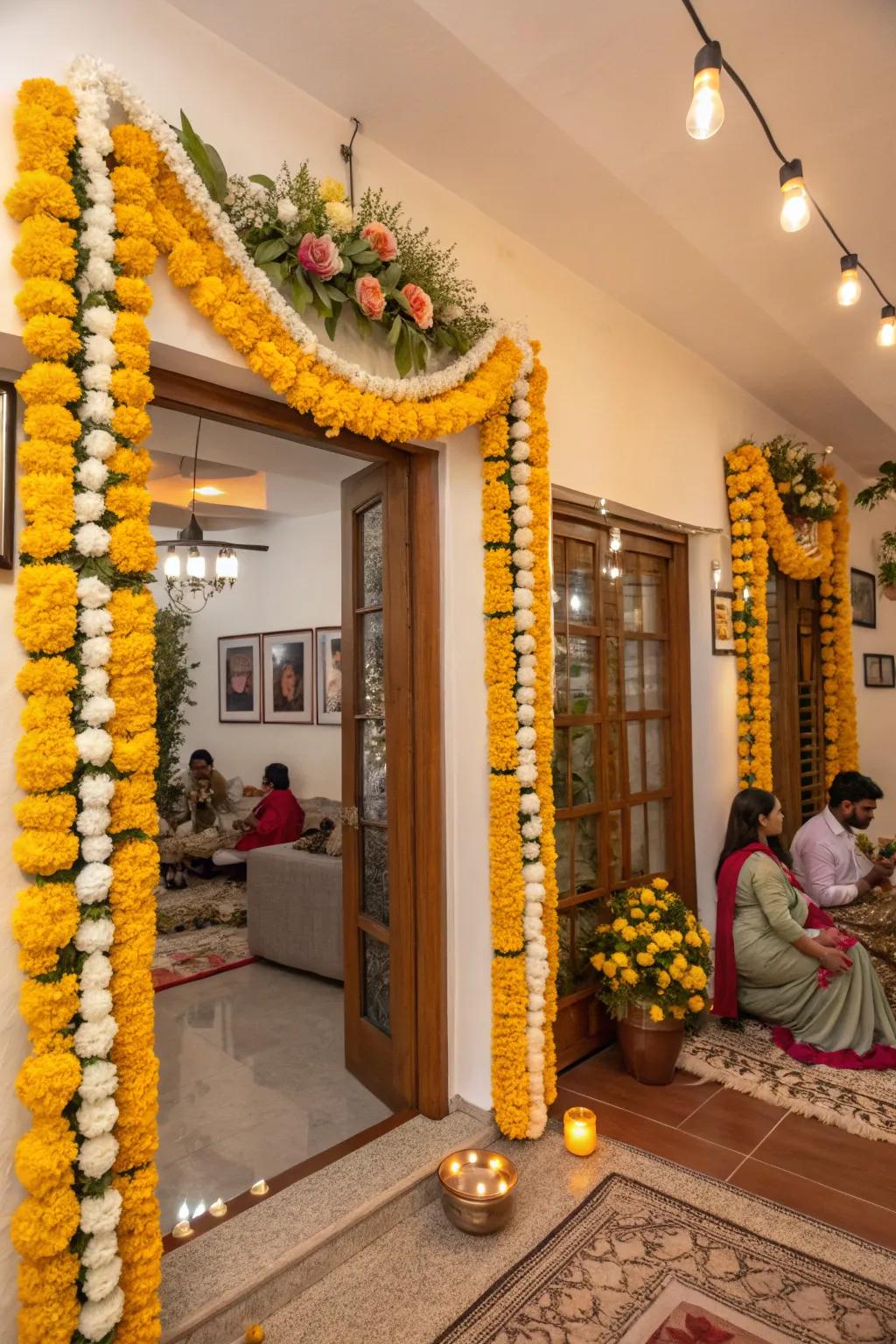 A home beautifully adorned with golden bloom and sweet aroma garlands, amplifying the celebratory mood of Ganesh Chaturthi.