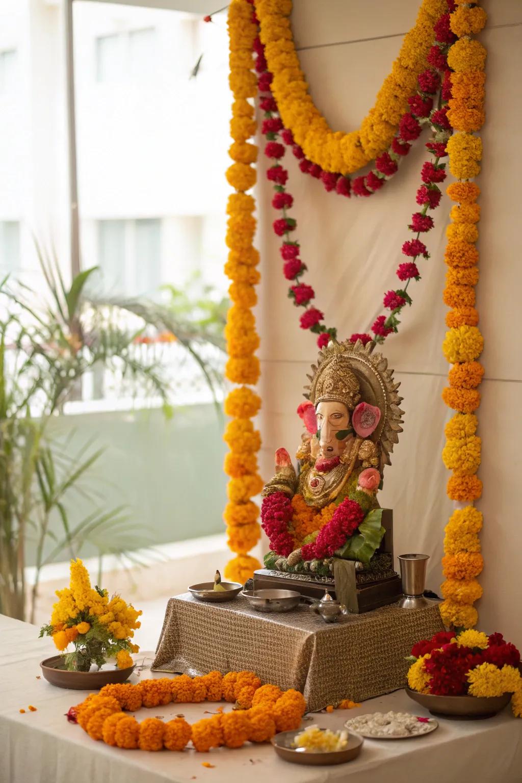 A floral sanctuary for Ganpati, adorned with golden blooms and roses.