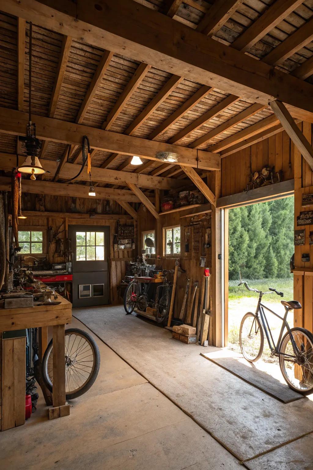 Showcasing beams gives a rustic feel to your garage, making it a snug hideaway.