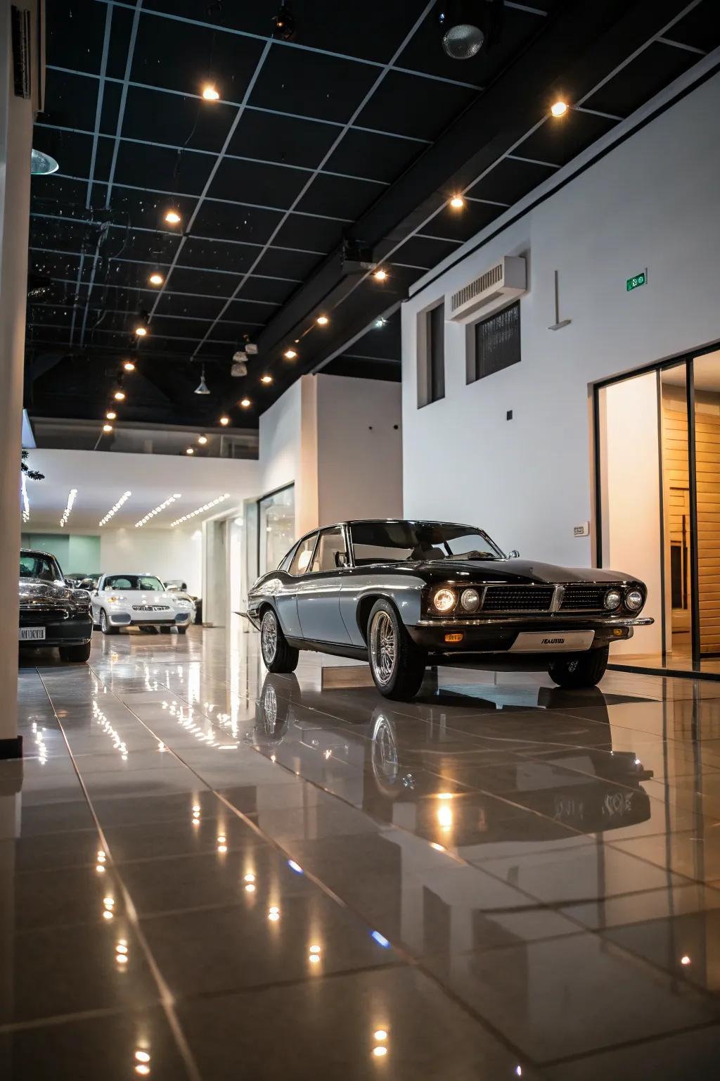 A garage is turned into a stylish display area for a classic car.