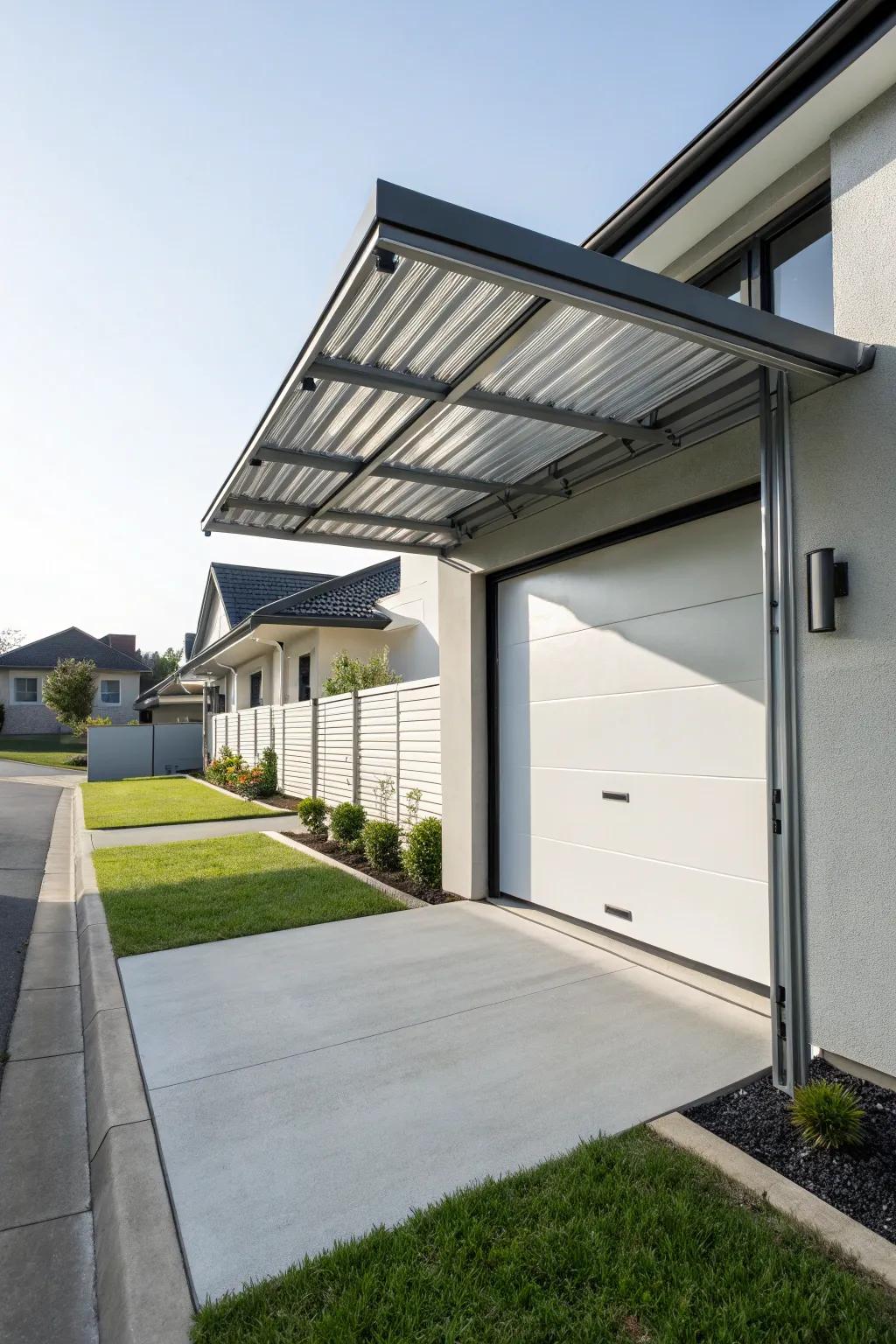 Elegant metal shelter for a contemporary garage door.